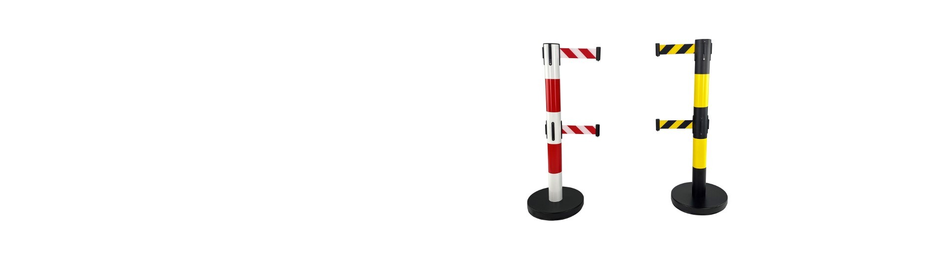 Equipé de deux sangles rétractables.  Poteau double sangle noir et jaune 